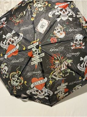 Ed Hardy Black Umbrella with Red, White & Orange Skull Tattoo Motifs